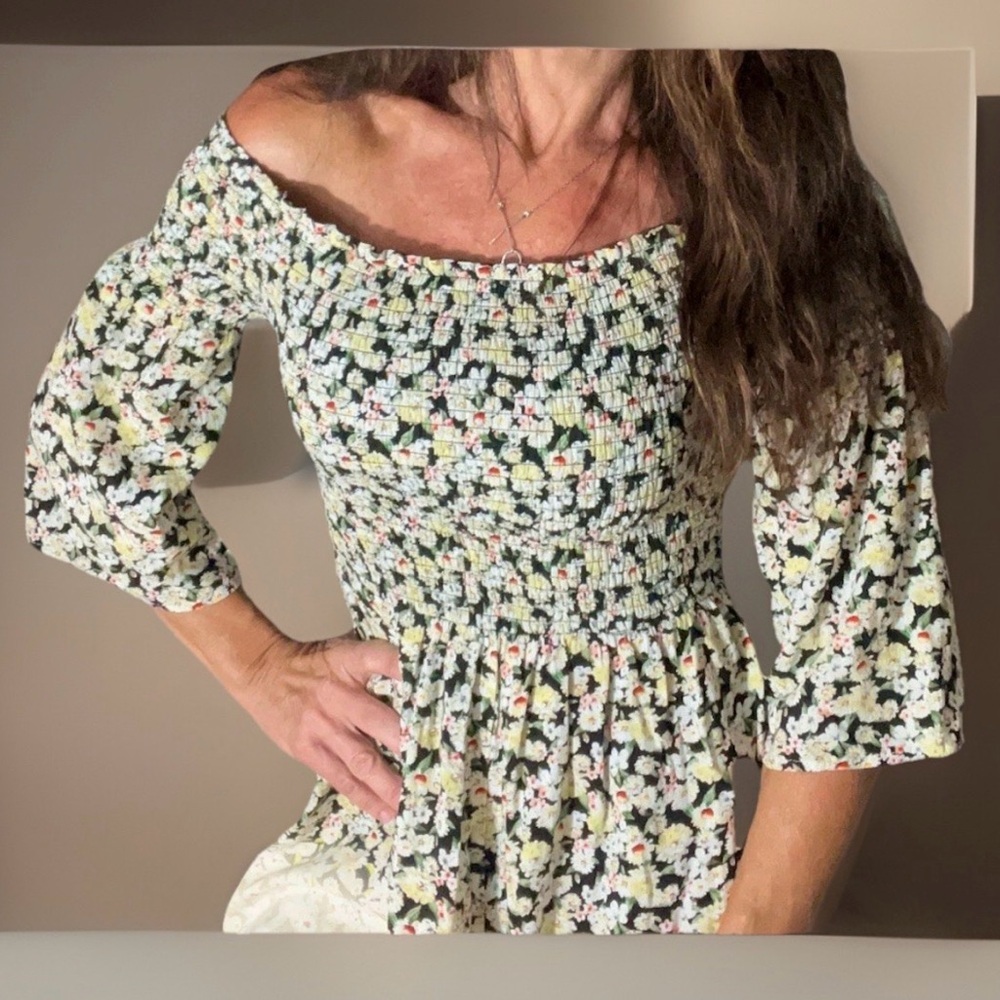 American Rag Floral Boho Romper S Off The Shoulder Flare Sleeve Shorts Smocked
